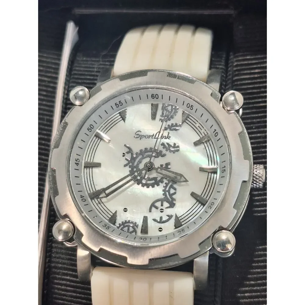 SportLink Skeleton Gear Watch White Band Analog Quartz Mens w/ Box & Manual NIB